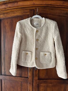 Designer Inspired Cream Bouclé Collarless Jacket with Gold Buttons